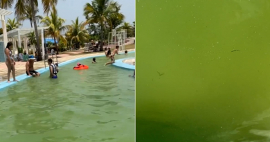 Niños se bañan en agua verde de piscina en Las Tunas
