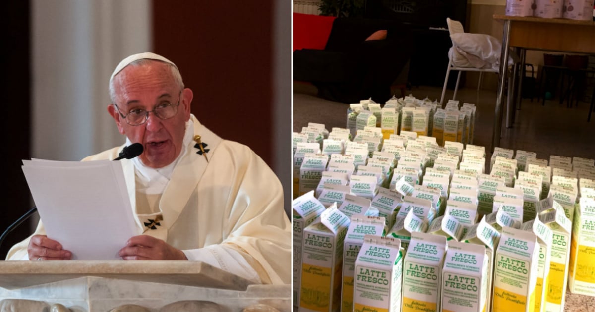 Papa Francisco (i) y litros de leche donados por el Papa a familias necesitadas de Roma © Flickr/Calixtin- Twitter/Mercedes de la Torre