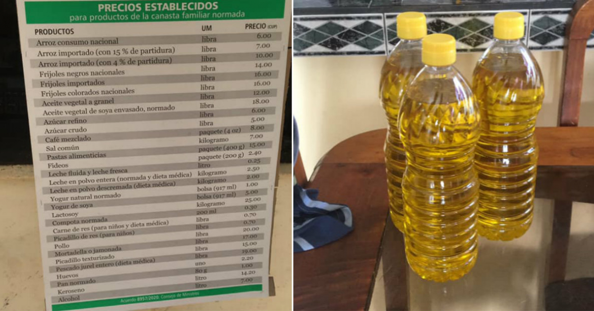 Listado de precios de la canasta básica de alimentos (i) y Tres botellas de aceite (d) © Collage Facebook/El White Musico