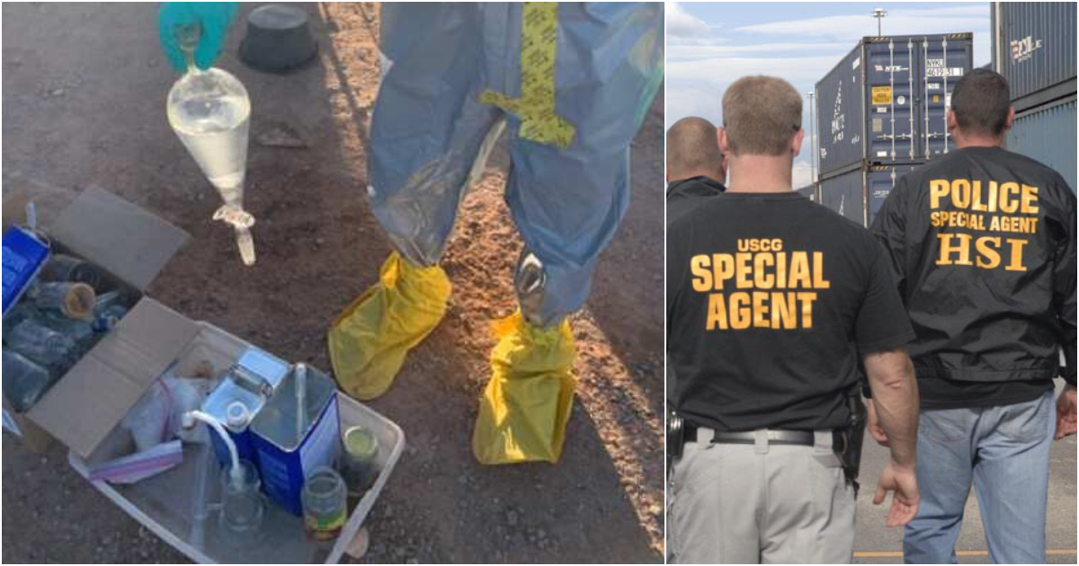 químicos encontrados en el laboratorio improvisado y agentes especiales del Departamento de Seguridad Nacional (DHS) © collage / DHS