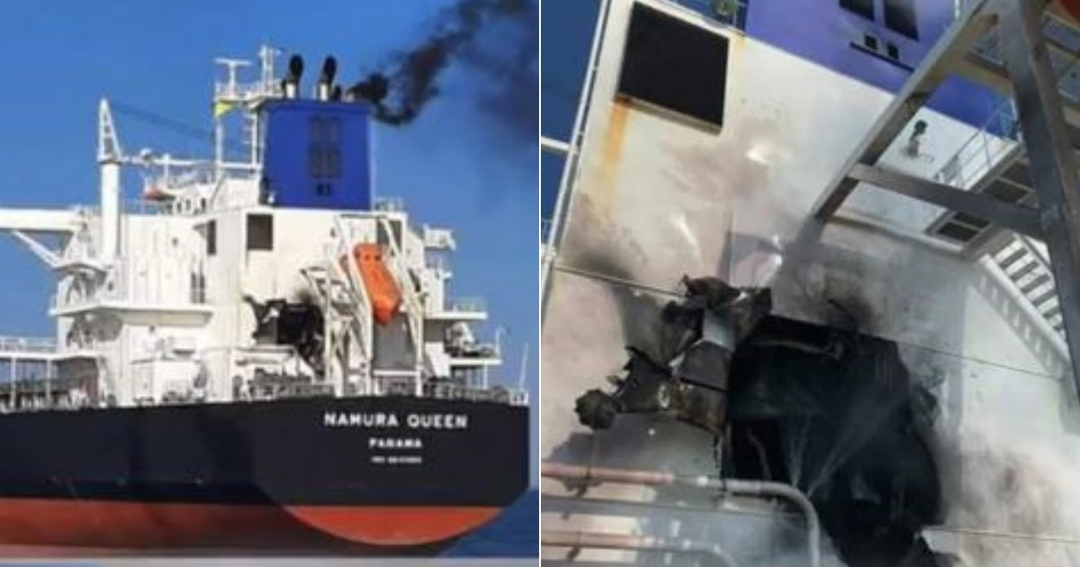El buque de bandera panameña "Namura Queen", impactado este viernes por un misil ruso © Collage Captura de Twitter/Autoridad Marítima de Panamá