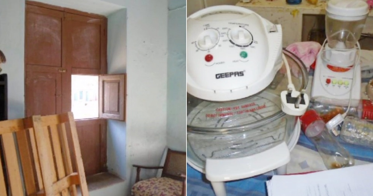 La ventana por donde entraron los ladrones (i) y Algunos de los electromésticos recuperados (d) © Collage Captura de Facebook/