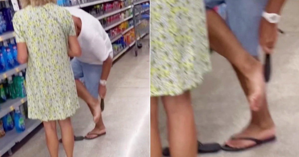 A man uses a callus scraper from a store in the middle of a Walmart in Miami